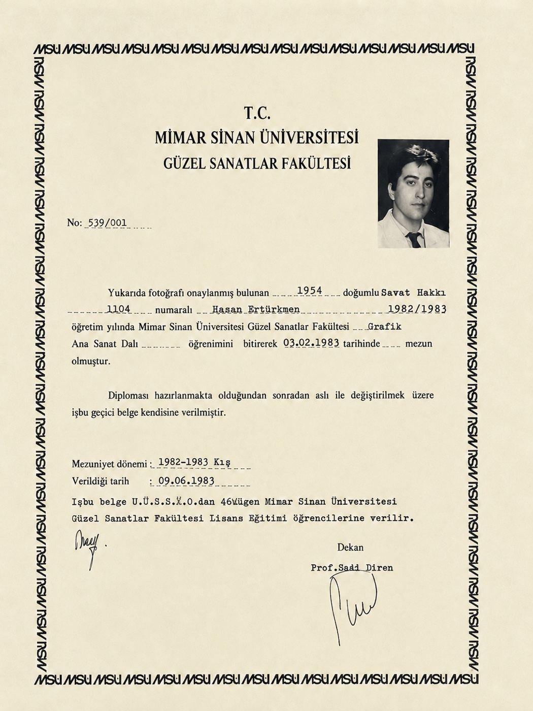 Hasan Ertürkmen — Mimar Sinan Üniversitesi Güzel Sanatlar Fakültesi Grafik diploması, 1983