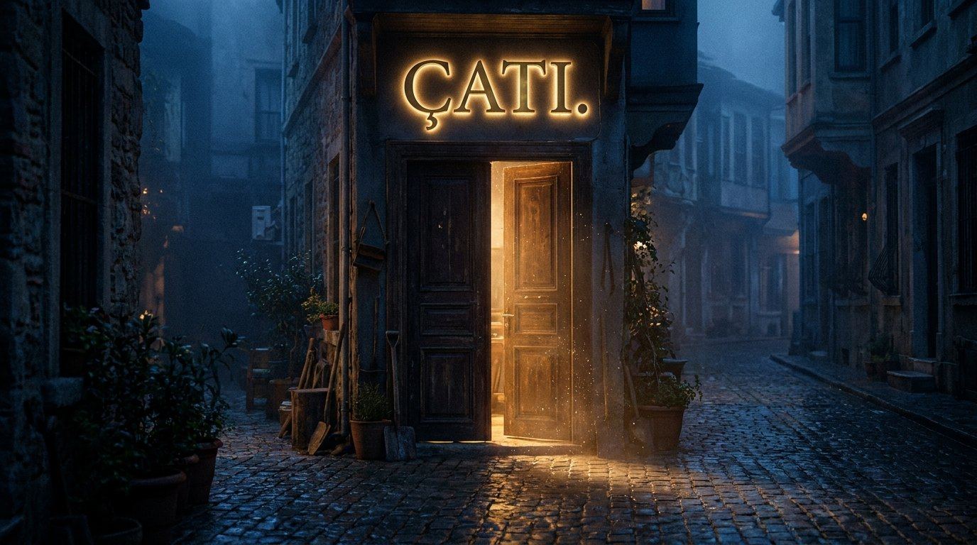 Çatı atölyesinin ışıklı kapısı